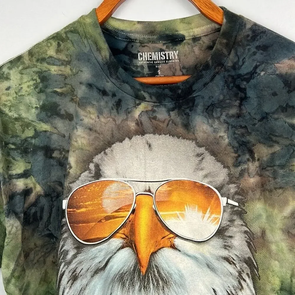 Chemistry tie dye bald eagle with aviators small graphic tee